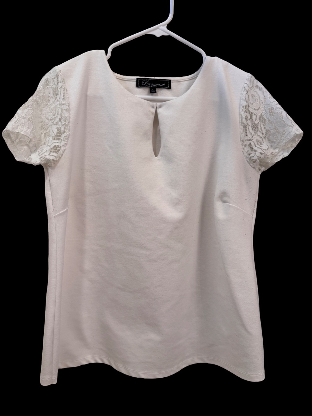 Loramendi White Keyhole Neck Top Sheer Crochet Floral Lace Short Sleeve L